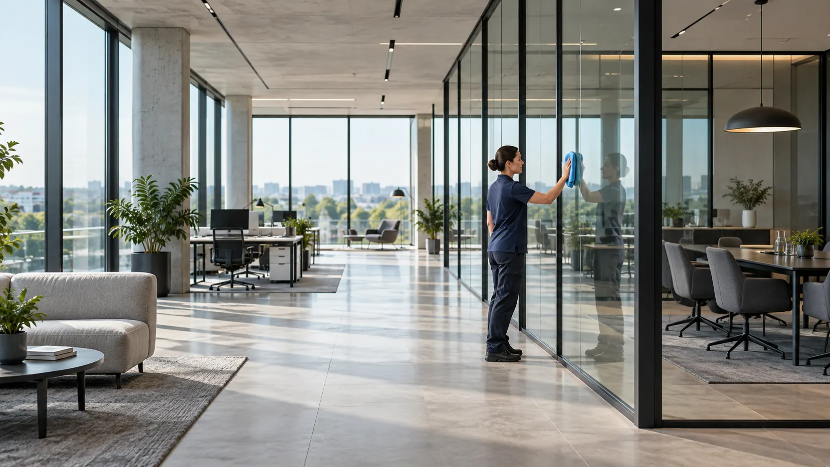 Sorgfältige Glasreinigung in einem modernen Büro