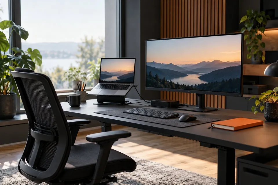 Moderner Arbeitsplatz mit Computer und technischer Ausstattung