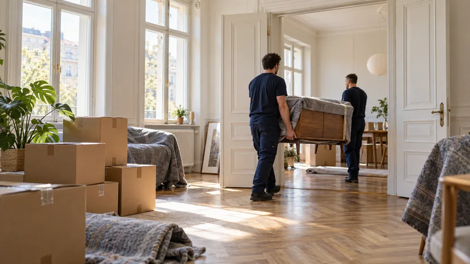 Zwei Umzugshelfer tragen ein geschütztes Möbelstück durch eine Wohnung